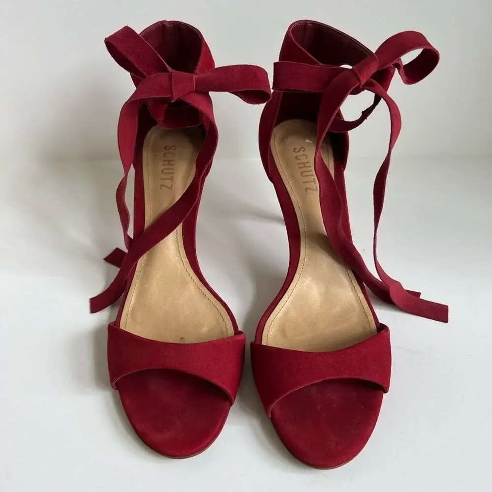 Anthropologie Schutz Tilan Red Suede Ankle Tie Stiletto Heels Women's Size 9
